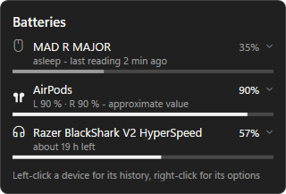 The panel: a mouse, AirPods with each earbud, and a headset with the time left
