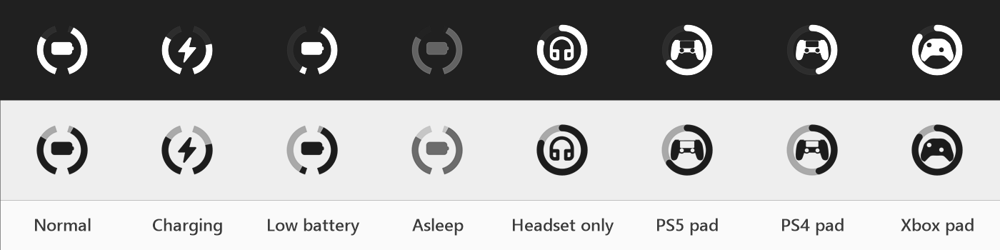 Tray icon states: normal, charging, low, asleep, headset only and controllers, on dark and light taskbars
